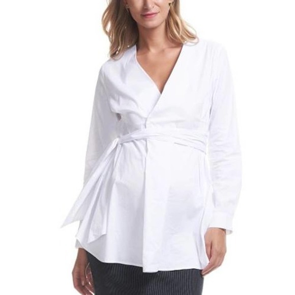 Soon Maternity Wrap V-Neck Dress Shirt - White - Picture 1 of 8